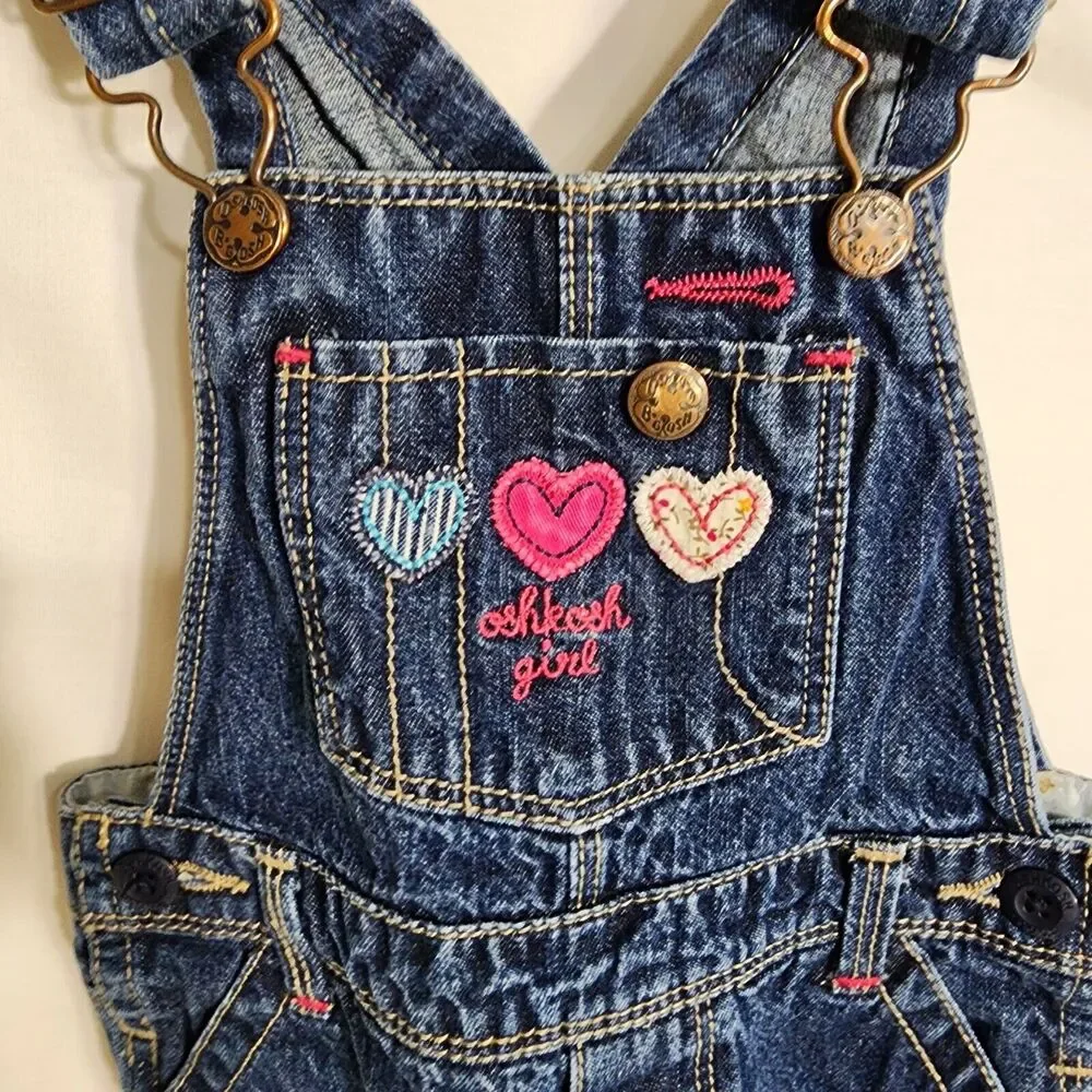 OshKosh Bgosh Toddler Girls Vestbak Overalls 18mo Blue Denim Embroidered Hearts